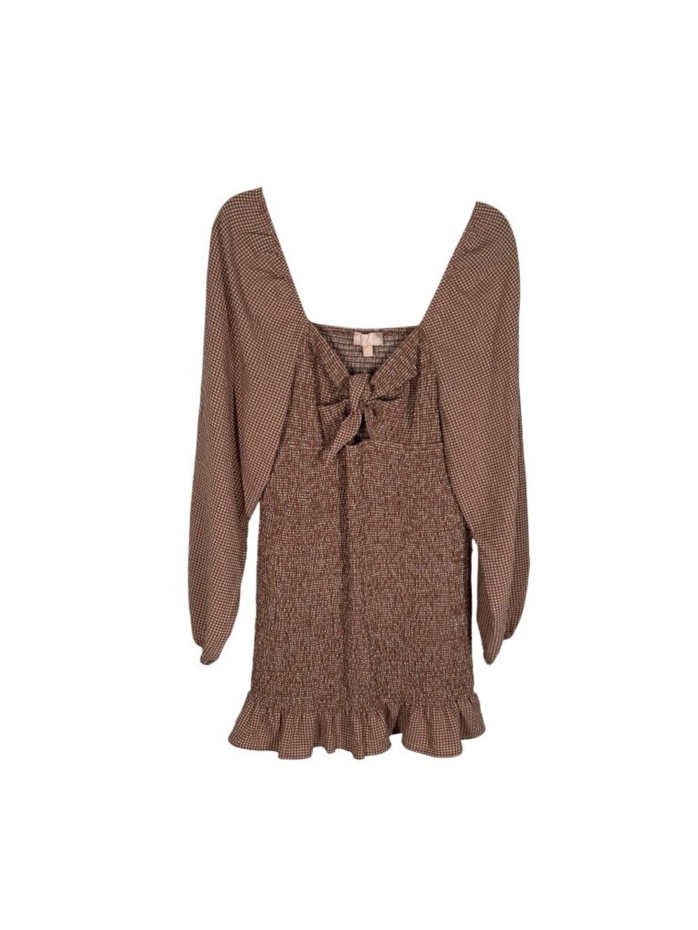 Charmed Hearts Women XL Brown Gingham Long Sleeve Smocked Tie Front Mini Dress